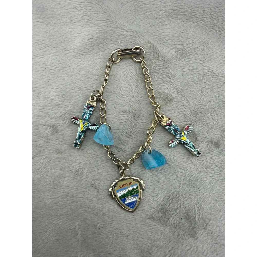 Vintage Souviner Charm Bracelet‎ Gold Tone Glacier Bay Alaska 6